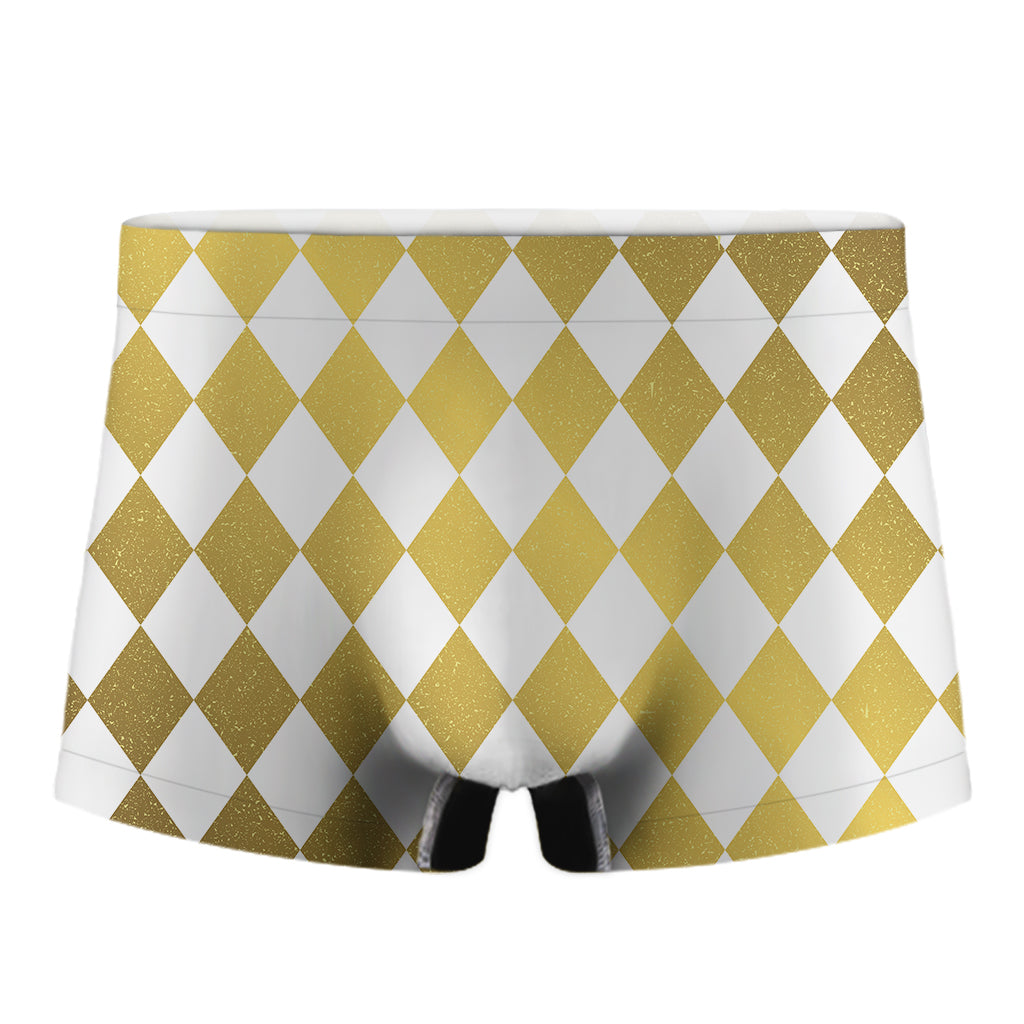 White And Gold Harlequin Pattern Print Men's Boxer Briefs