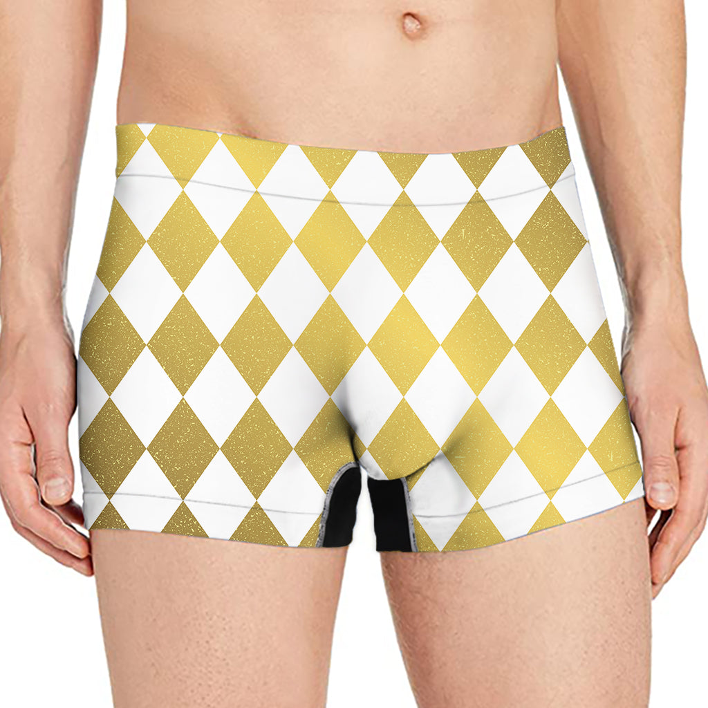 White And Gold Harlequin Pattern Print Men's Boxer Briefs