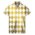 White And Gold Harlequin Pattern Print Men's Short Sleeve Shirt