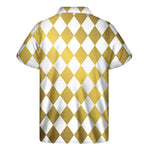White And Gold Harlequin Pattern Print Men's Short Sleeve Shirt