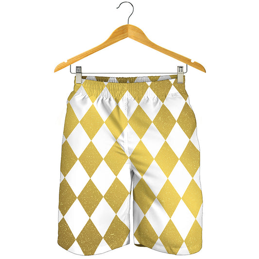 White And Gold Harlequin Pattern Print Men's Shorts