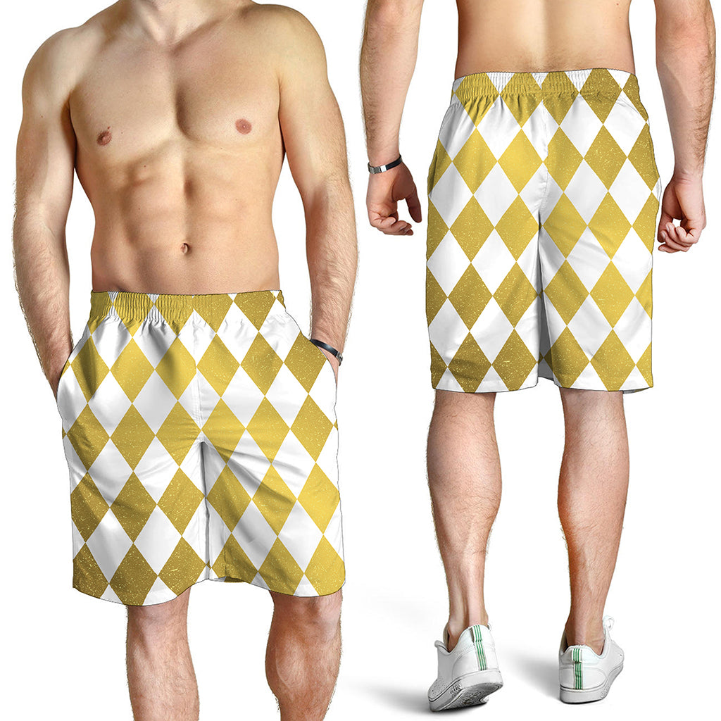 White And Gold Harlequin Pattern Print Men's Shorts