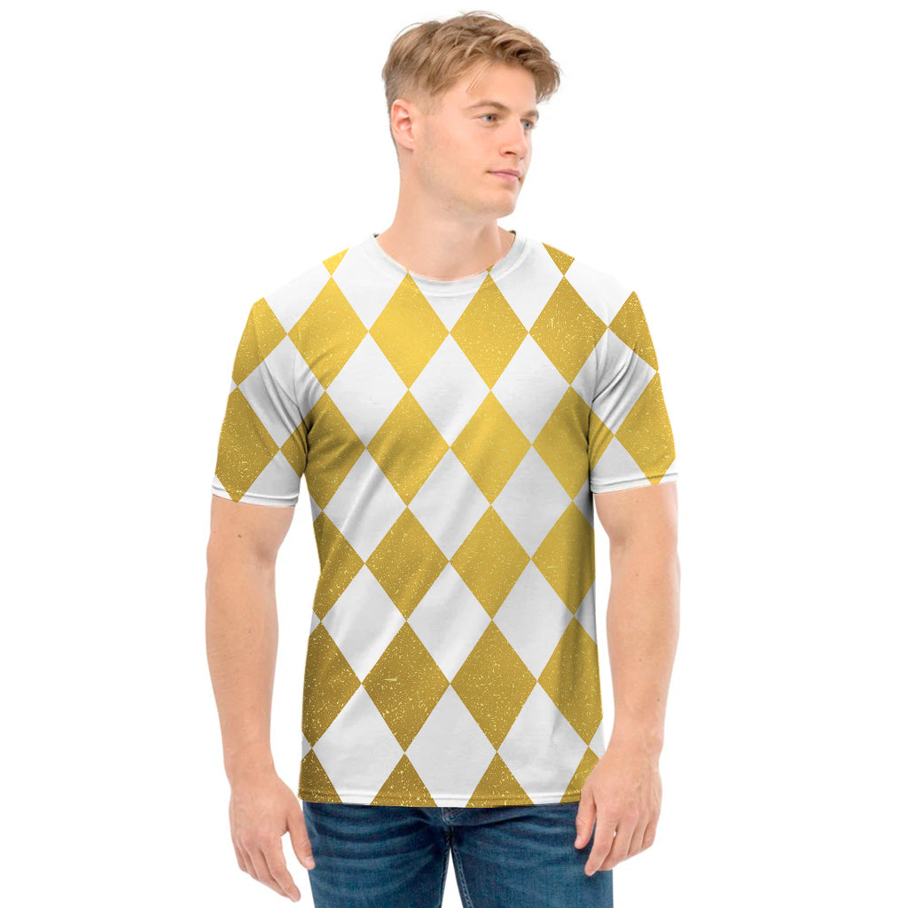 White And Gold Harlequin Pattern Print Men's T-Shirt
