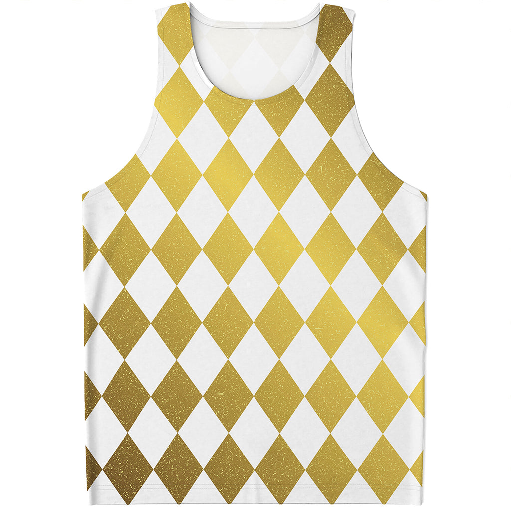 White And Gold Harlequin Pattern Print Men's Tank Top