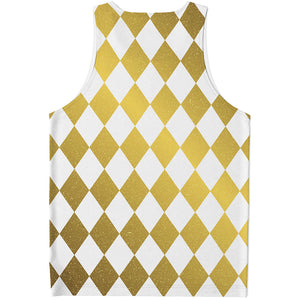 White And Gold Harlequin Pattern Print Men's Tank Top