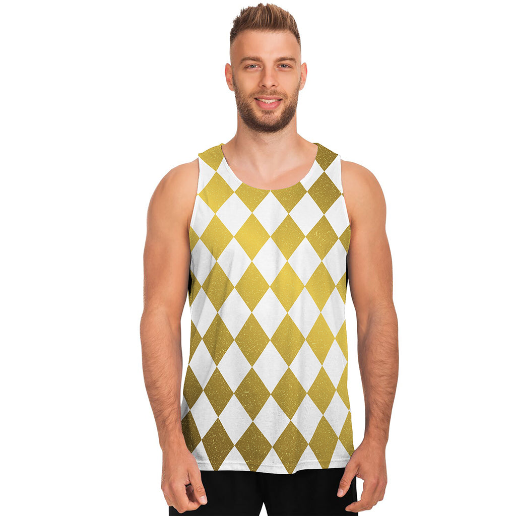 White And Gold Harlequin Pattern Print Men's Tank Top