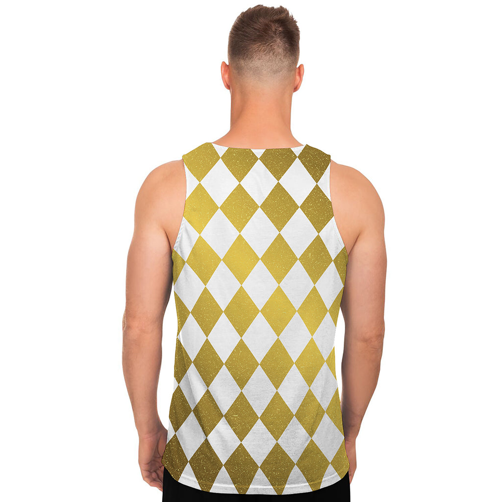 White And Gold Harlequin Pattern Print Men's Tank Top