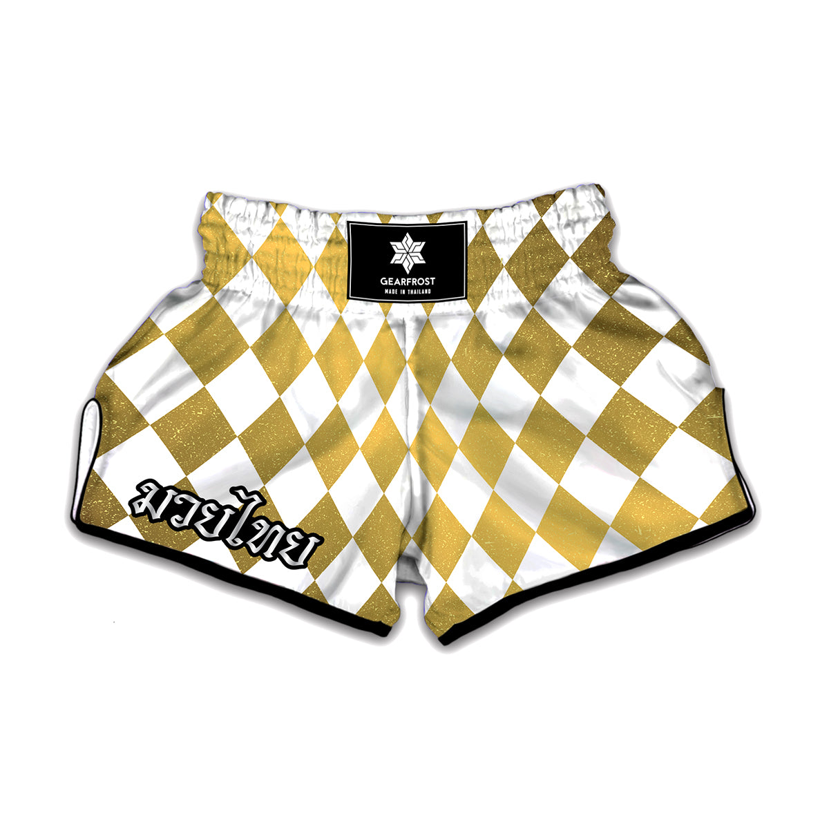 White And Gold Harlequin Pattern Print Muay Thai Boxing Shorts