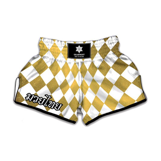 White And Gold Harlequin Pattern Print Muay Thai Boxing Shorts