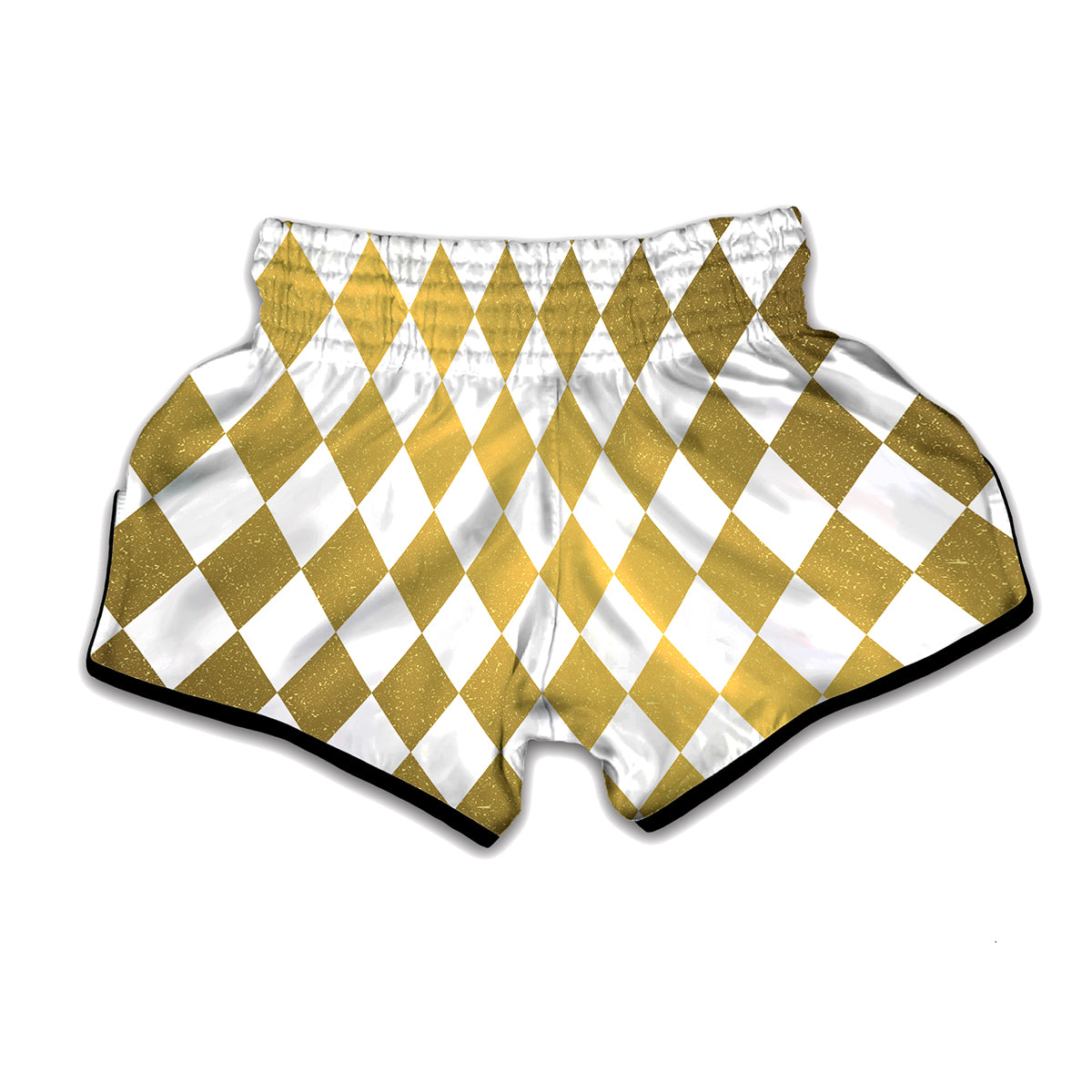 White And Gold Harlequin Pattern Print Muay Thai Boxing Shorts