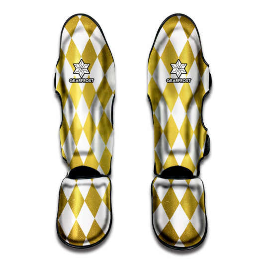 White And Gold Harlequin Pattern Print Muay Thai Shin Guard