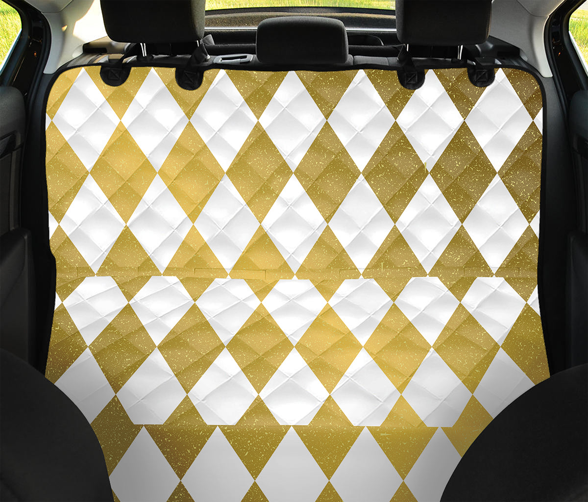White And Gold Harlequin Pattern Print Pet Car Back Seat Cover
