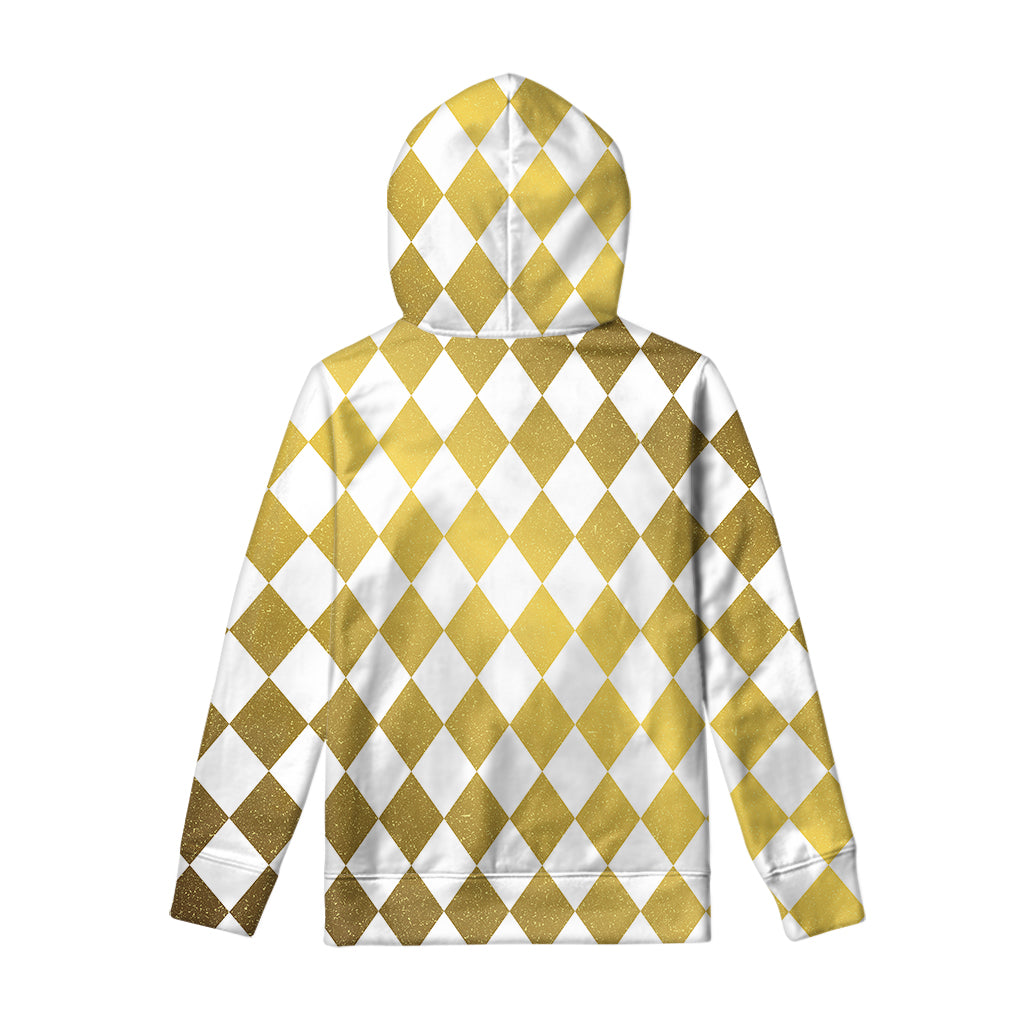 White And Gold Harlequin Pattern Print Pullover Hoodie