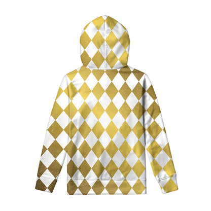 White And Gold Harlequin Pattern Print Pullover Hoodie