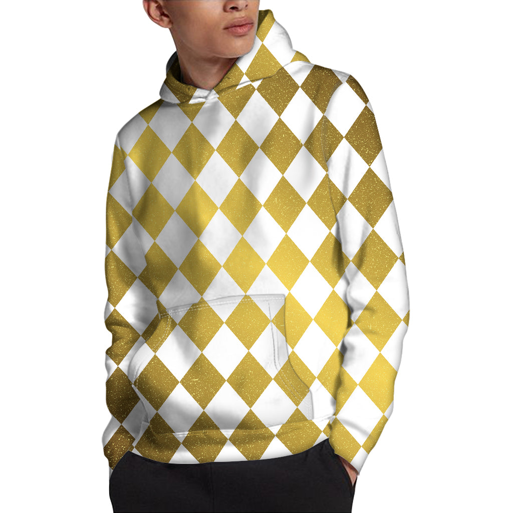 White And Gold Harlequin Pattern Print Pullover Hoodie
