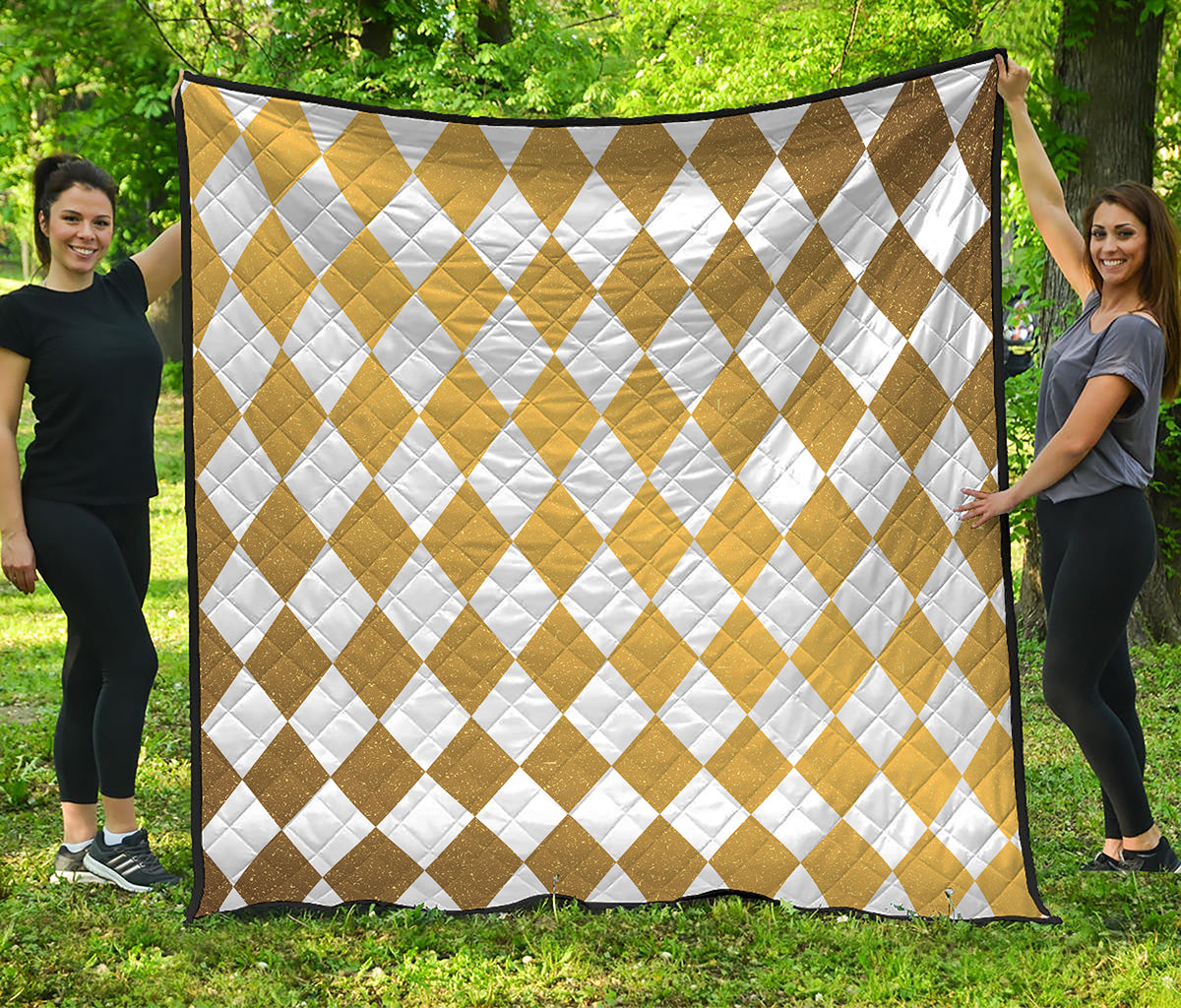 White And Gold Harlequin Pattern Print Quilt