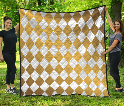 White And Gold Harlequin Pattern Print Quilt