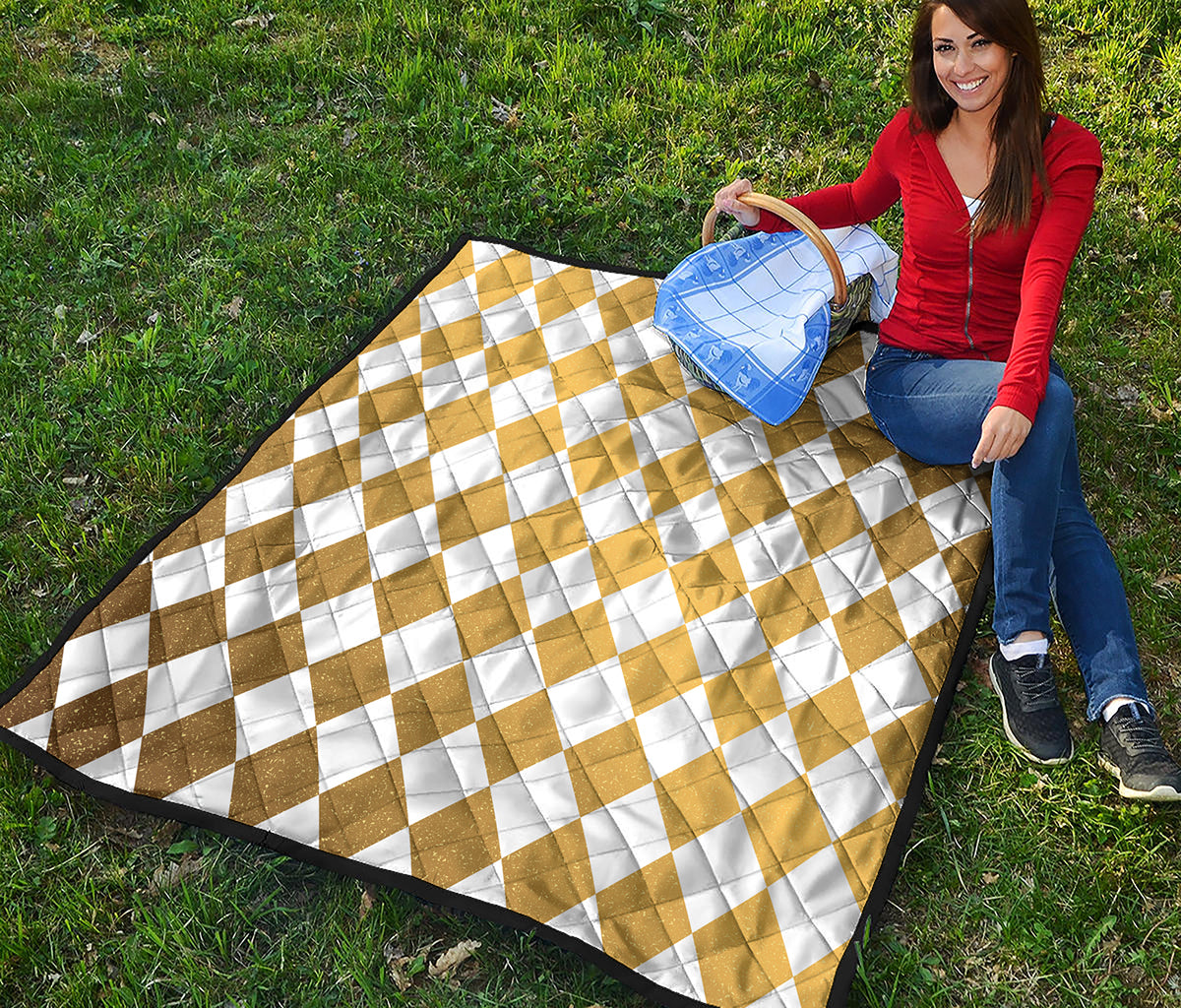 White And Gold Harlequin Pattern Print Quilt
