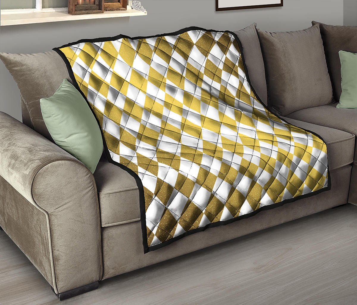 White And Gold Harlequin Pattern Print Quilt