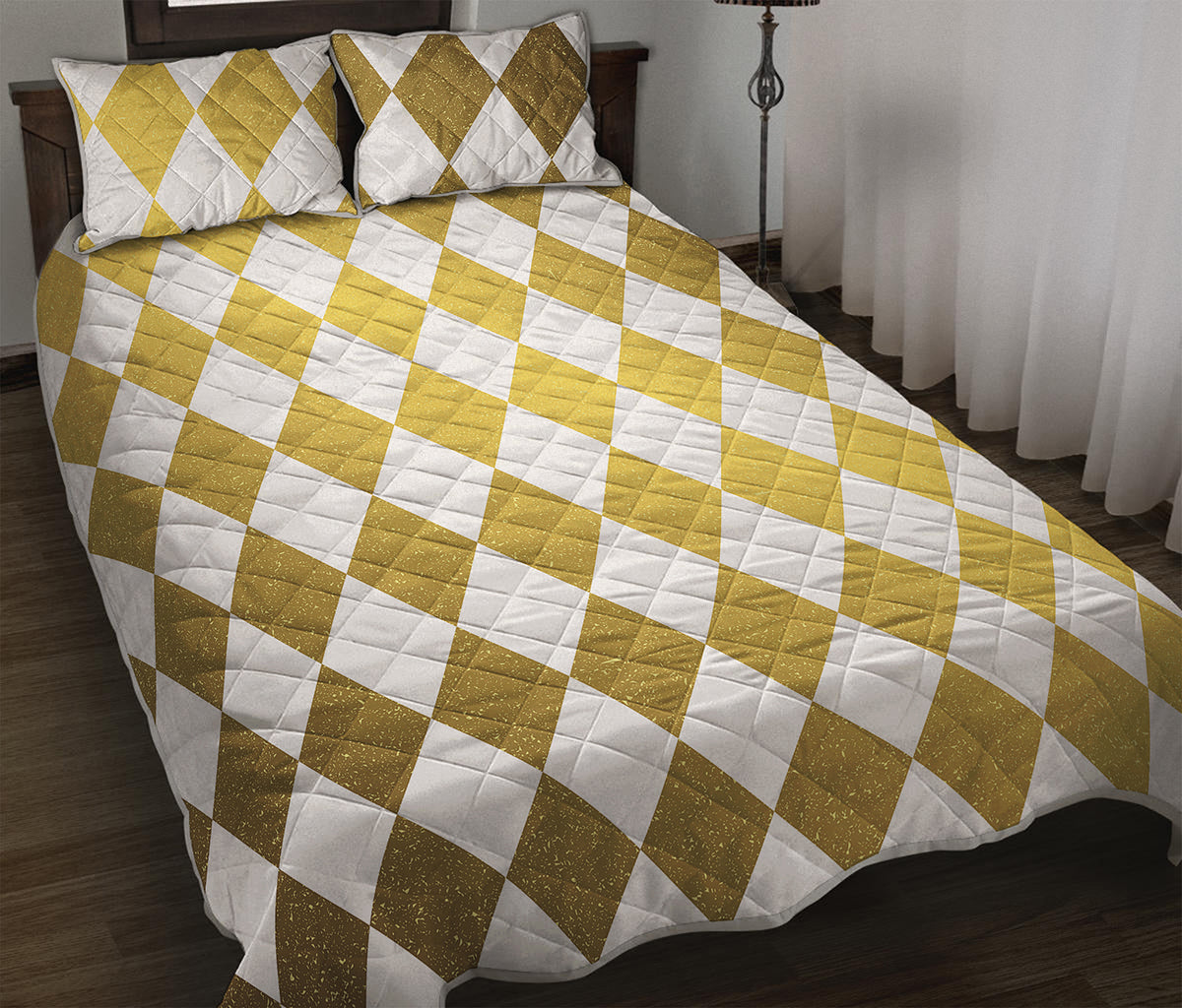White And Gold Harlequin Pattern Print Quilt Bed Set