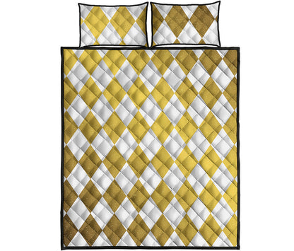 White And Gold Harlequin Pattern Print Quilt Bed Set