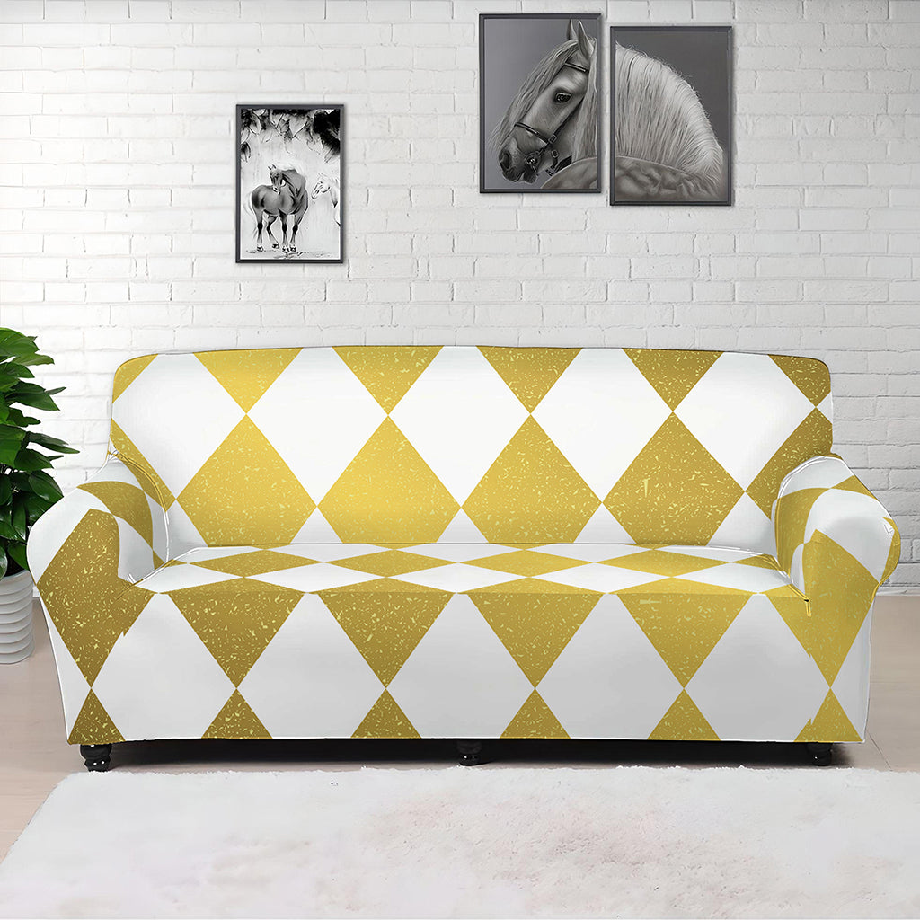 White And Gold Harlequin Pattern Print Sofa Cover