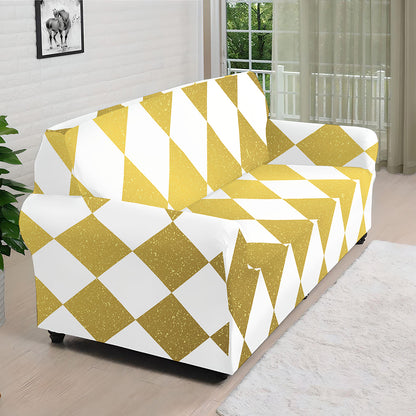 White And Gold Harlequin Pattern Print Sofa Cover
