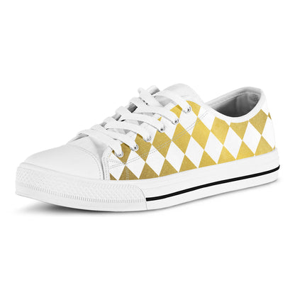 White And Gold Harlequin Pattern Print White Low Top Shoes
