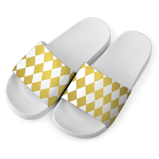 White And Gold Harlequin Pattern Print White Slide Sandals
