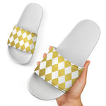 White And Gold Harlequin Pattern Print White Slide Sandals
