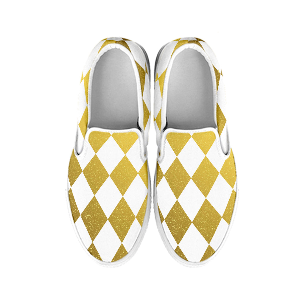 White And Gold Harlequin Pattern Print White Slip On Shoes