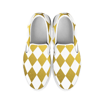 White And Gold Harlequin Pattern Print White Slip On Shoes