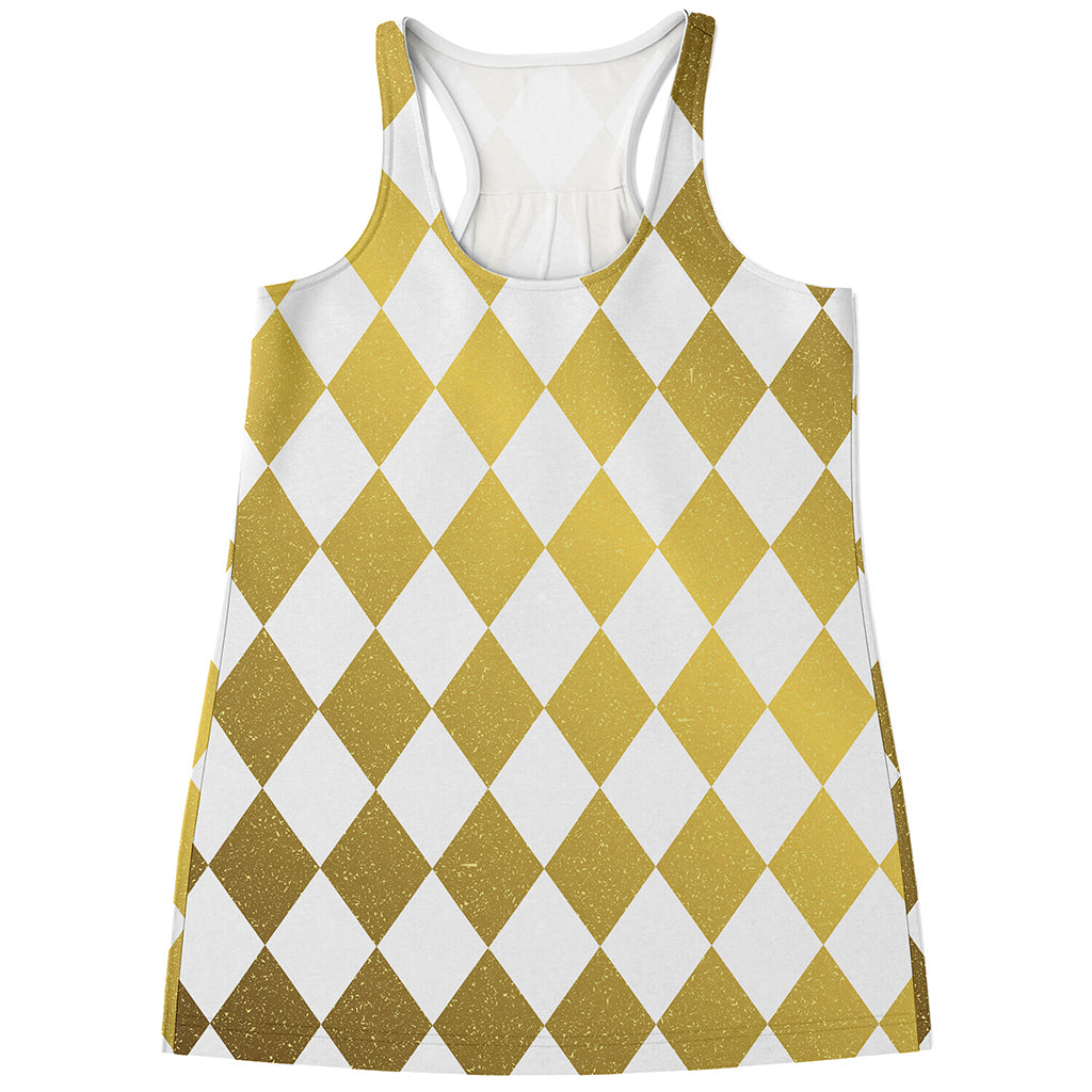 White And Gold Harlequin Pattern Print Women's Racerback Tank Top