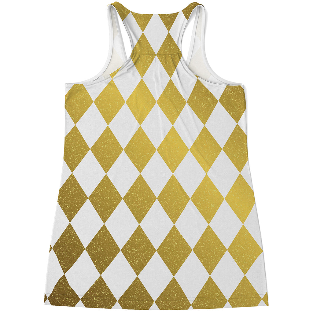White And Gold Harlequin Pattern Print Women's Racerback Tank Top