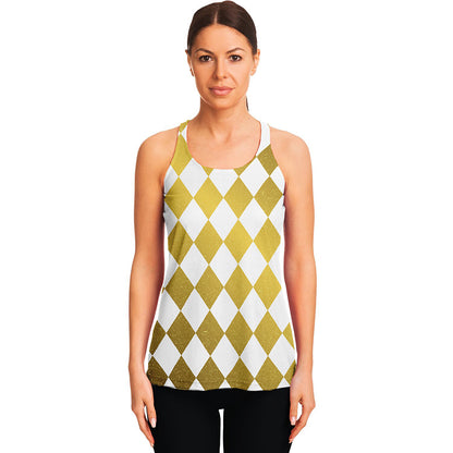 White And Gold Harlequin Pattern Print Women's Racerback Tank Top