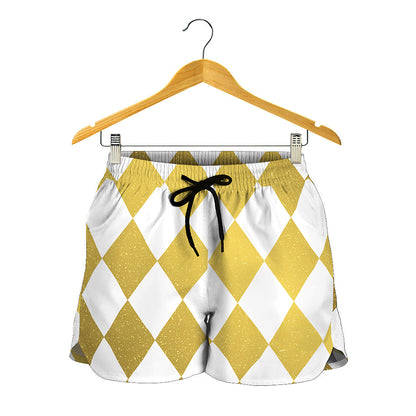 White And Gold Harlequin Pattern Print Women's Shorts