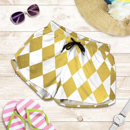White And Gold Harlequin Pattern Print Women's Shorts