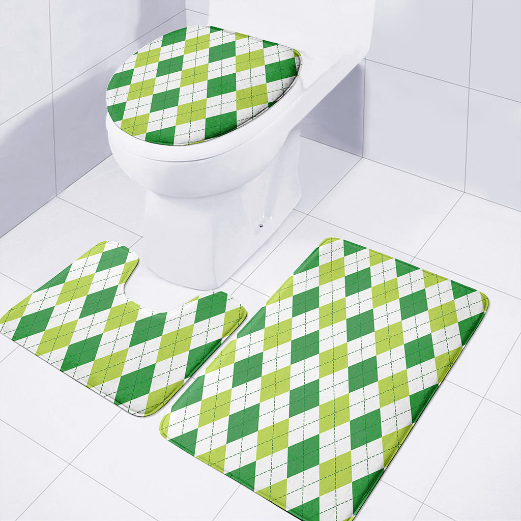 White And Green Argyle Pattern Print 3 Piece Bath Mat Set