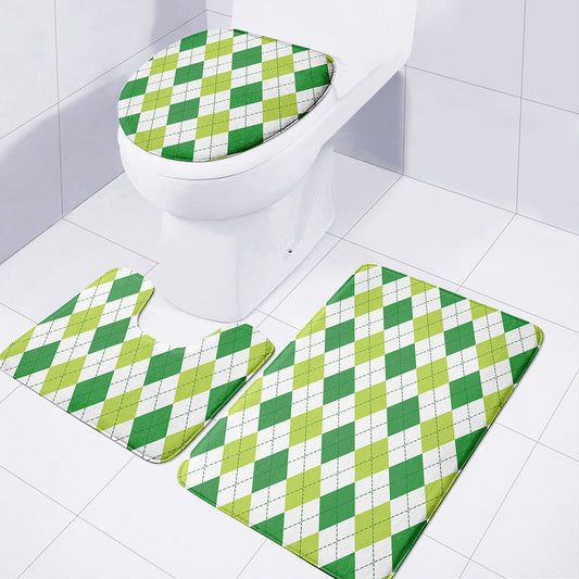 White And Green Argyle Pattern Print 3 Piece Bath Mat Set