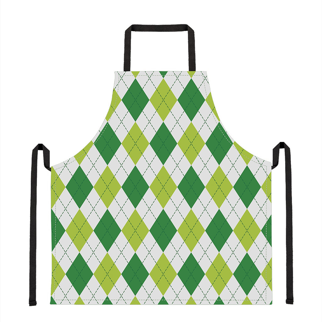 White And Green Argyle Pattern Print Apron