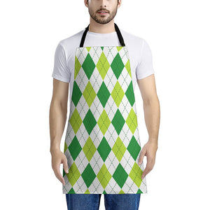 White And Green Argyle Pattern Print Apron