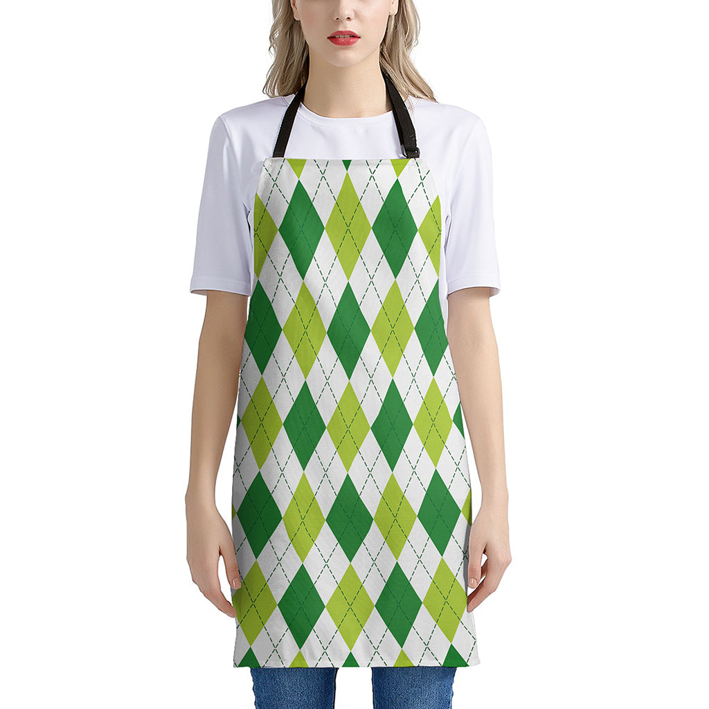 White And Green Argyle Pattern Print Apron