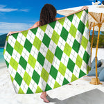 White And Green Argyle Pattern Print Beach Sarong Wrap