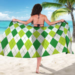 White And Green Argyle Pattern Print Beach Sarong Wrap