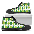 White And Green Argyle Pattern Print Black High Top Sneakers