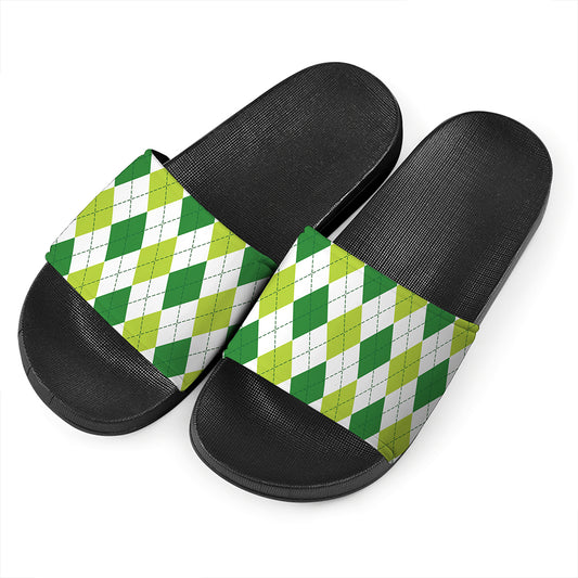 White And Green Argyle Pattern Print Black Slide Sandals