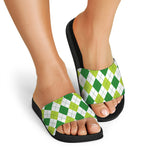White And Green Argyle Pattern Print Black Slide Sandals