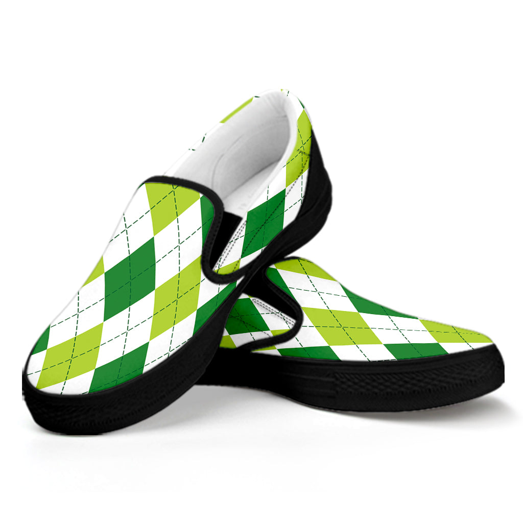 White And Green Argyle Pattern Print Black Slip On Shoes