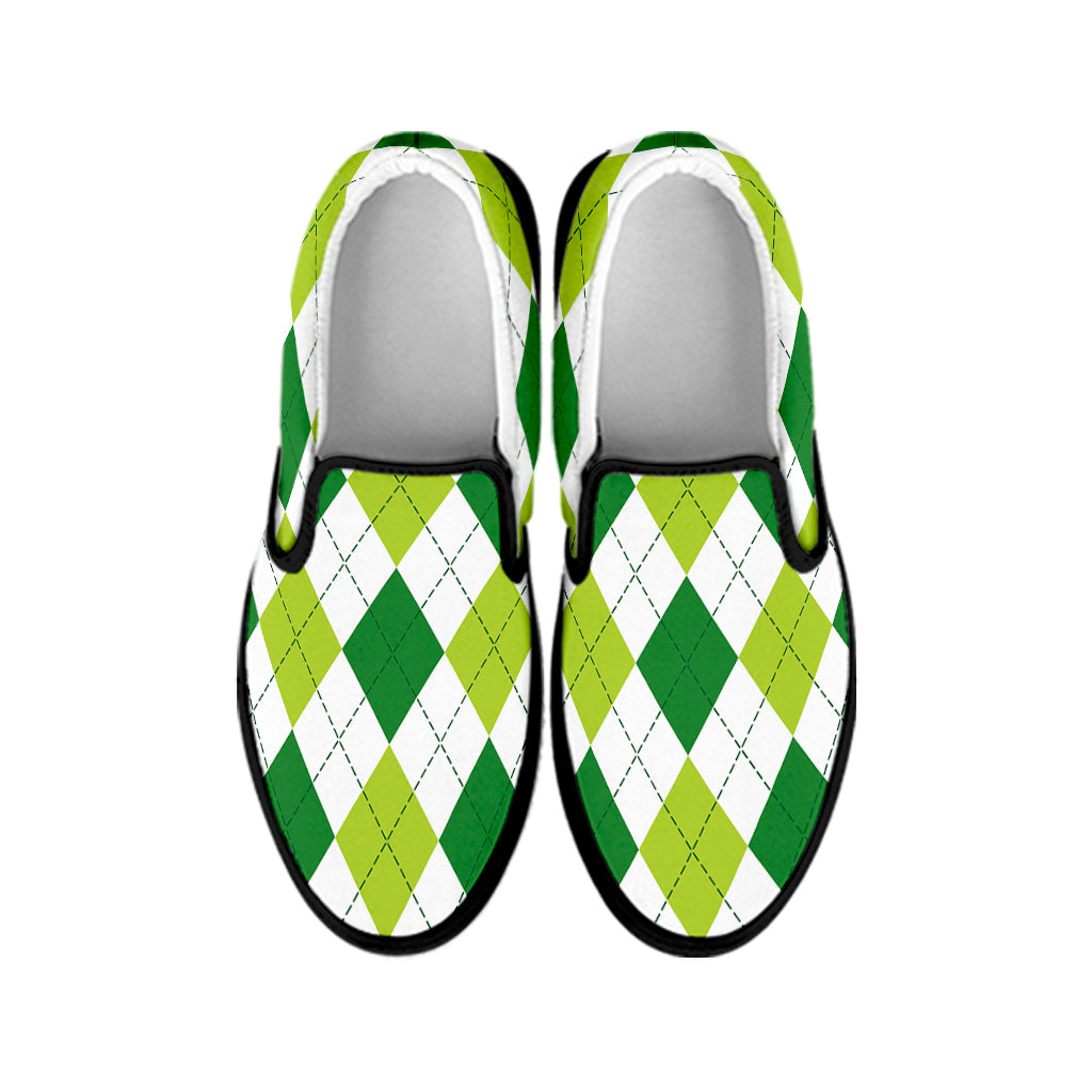 White And Green Argyle Pattern Print Black Slip On Shoes
