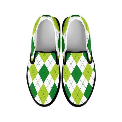 White And Green Argyle Pattern Print Black Slip On Shoes